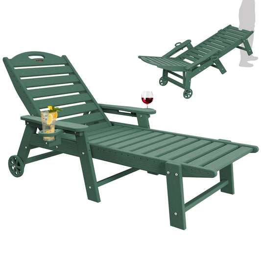 Chaise Lounge Chair Outdoor with Wheels, Double Cup Holders Adjustable 5-Position Chaise Lounge Outdoor with Wood Texture, Patio Lounge Chair for Poolside Backyard, Green