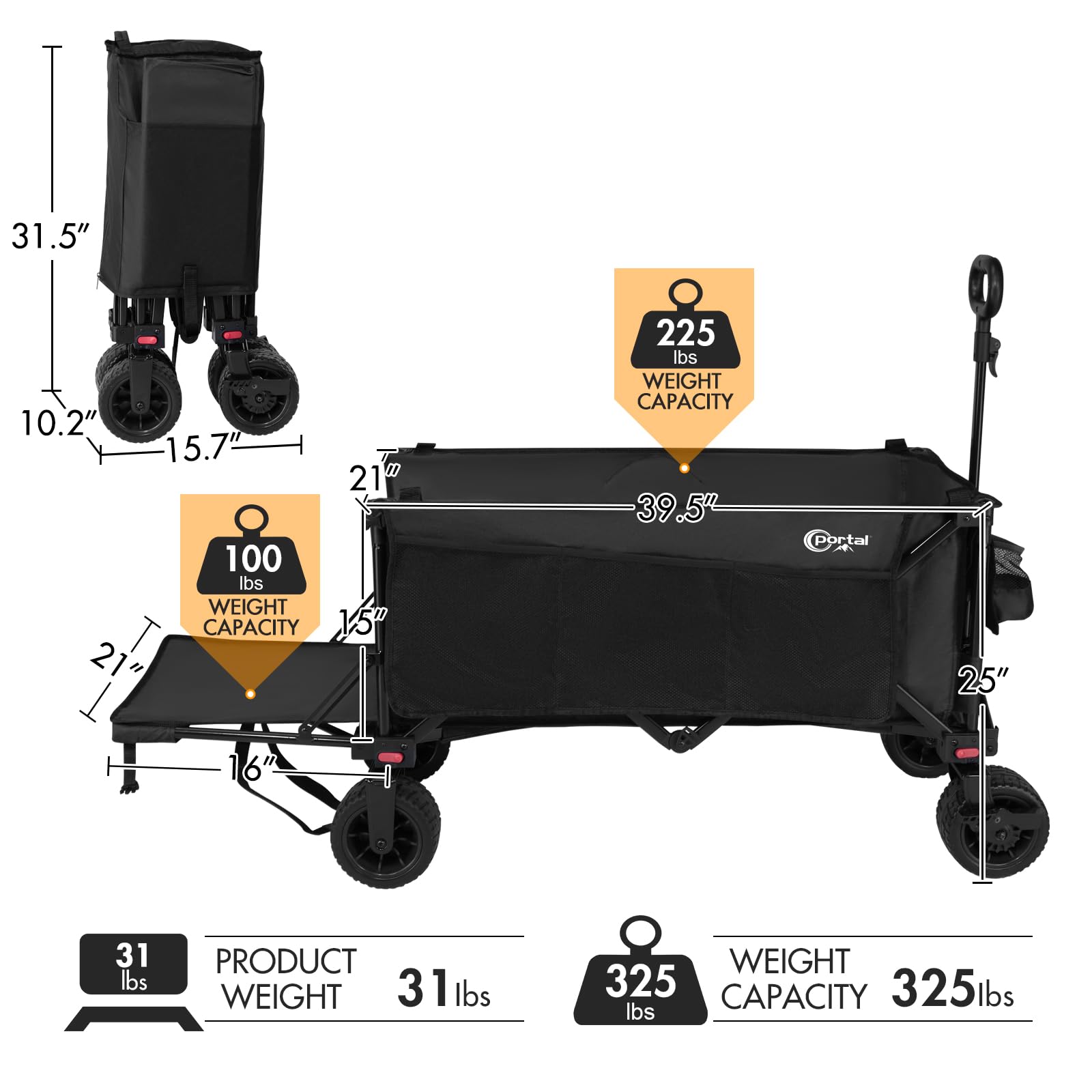 PORTAL 300L Large Capacity Foldable Wagon with Tailgate, 325LBS Collapsible Folding Utility Wagon with Big Wheels, Oversized Heavy Duty Garden Cart with Brakes for Camping, Grocery, Sports - WoodArtSupply