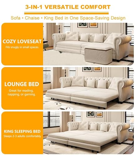 LuxyHoom 89" King Pull Out Sofa Bed, Velvet Chesterfield Sleeper Sofa Couch, 3 in 1 Convertible Tufted Futon Couches with Ottoman for Living Room, Small Space, Apartment, Bedroom, Office, Beige LuxyHoom