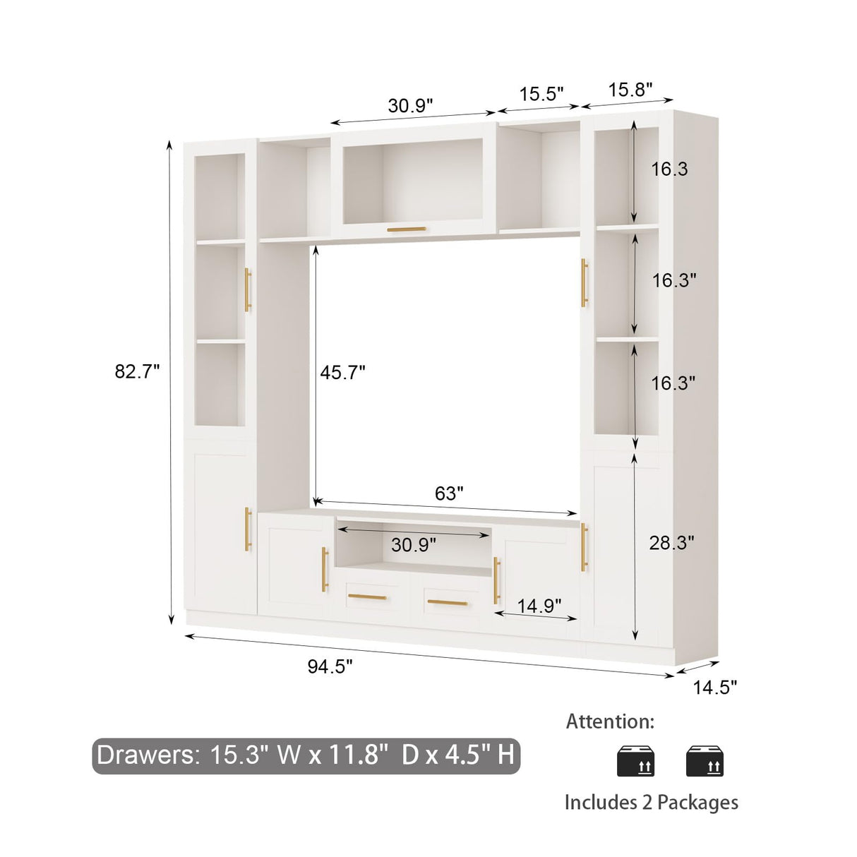 Mekminop 4-Piece Wall Unit TV Stand for TVs Up to 70", Modern Entertainment TV Wall Unit with Shelves, Large Wall Media Center for Living Room, White Mekminop