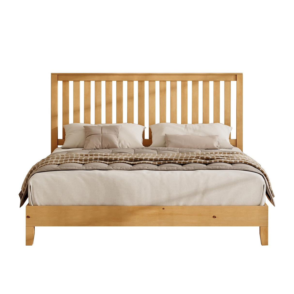 LUXOAK Solid Wood Bed with Headboard, Queen Size Platform Bed Frame with Solid Wood Foundation, Slat Support/No Box Spring Needed/Easy Assembly, Natural Oak LUXOAK