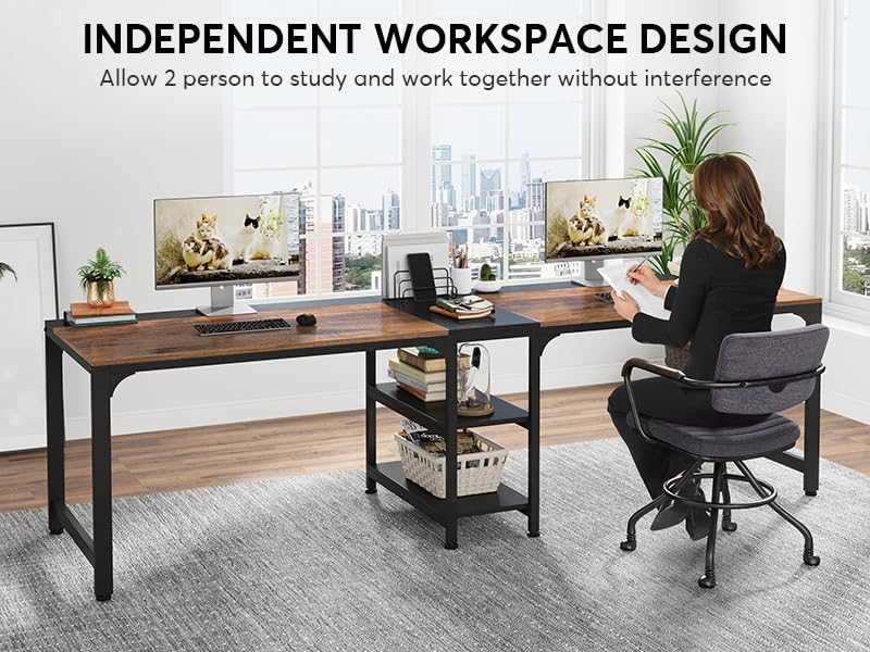 Tribesigns 90.55'' 2 Person Desk with Storage Shelves, Double Computer Desk with Spacious Desktop, Extra Long Study Writing Table Workstation for Home Office (Black & Brown) - WoodArtSupply