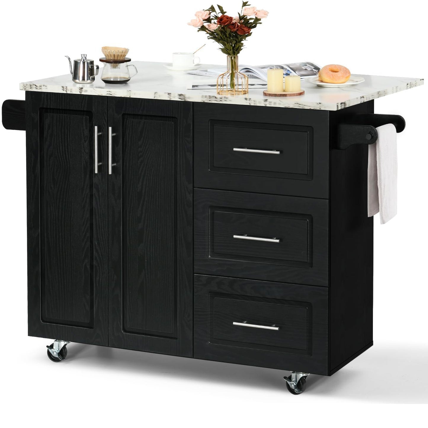 4 EVER WINNER Kitchen Island with Storage, White Marble Tabletop, Rolling Kitchen Island Cart on Wheels with Drop Leaf Breakfast Bar, Island Table for Kitchen with Towel Rack & Spice Rack, Black