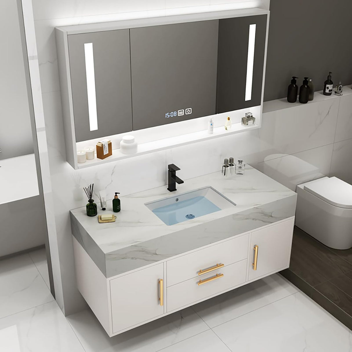 Weibath 39" White Floating Bathroom Vanity Set Stone Top Wall Mounted Bathroom Cabinet Weibath