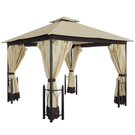 Outsunny 11' x 13' Patio Gazebo, Double Roof Outdoor Gazebo Canopy Shelter with Netting & Curtains, Steel Corner Columns for Garden, Lawn, Backyard and Deck, Beige Outsunny