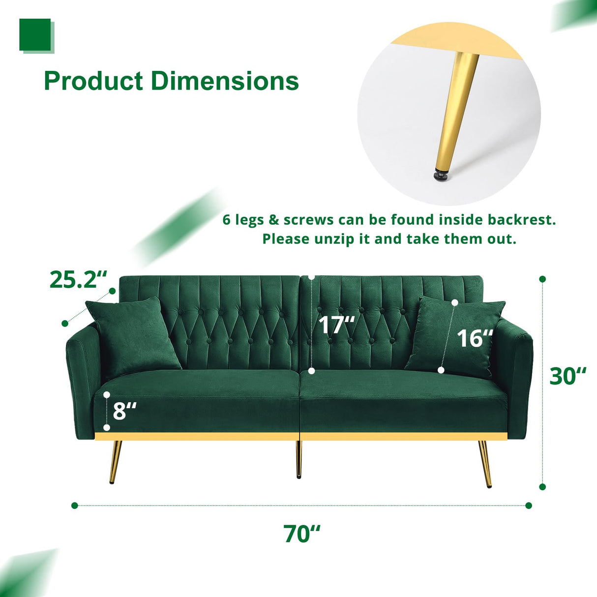 ACMEASE 70” Velvet Futon Sofa Bed w/Adjustable Backrests and Armrests, Convertible Futon Couch with 2 Pillows, Modern Tufted Sleeper Bed for Living Room, Bedroom,Green ACMEASE