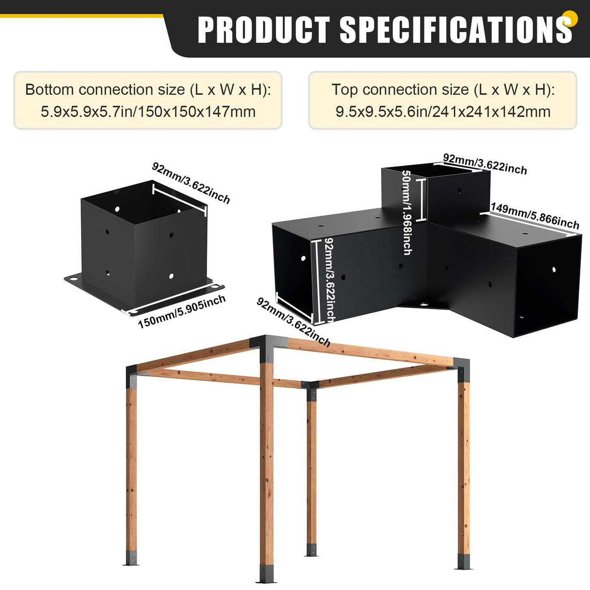 4x4 Woodworks Pergola Brackets Kit, 3-Way Corner Extension Brackets, Black Powder Coated, 4x4 Metal Brackets for Wood Beams, Fence, and Carport (Actual: 3.5"x3.5") Kinchoix