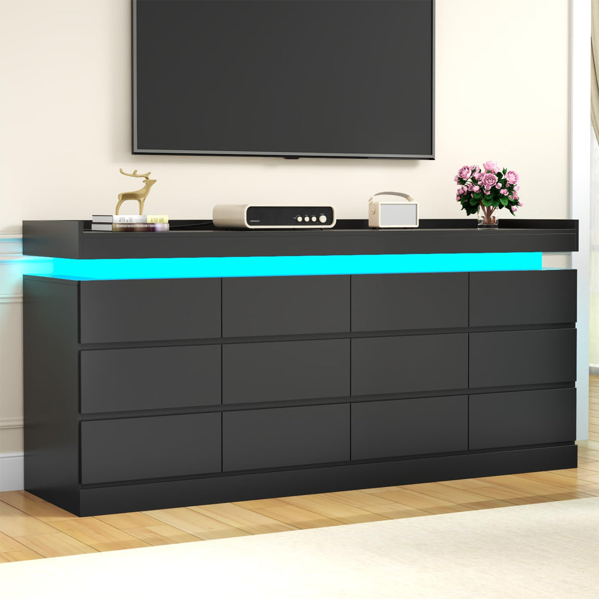 Extra Large 6 Drawer Dresser with 12 Compartments, Dresser with Power Outlet & LED Light, Modern Chest of Drawers, Double Wide Drawer Organizer Cabinet for Bedroom, Living Room, Entryway (Black) Gyfimoie