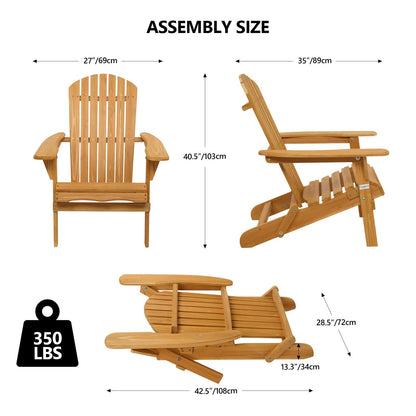 VINGLI Folding Adirondack Chairs Wood Lawn Chair Wooden Lounger 350 LBs Support Fire Pit Seating Natural Finished Weather Resistant Indoor Outdoor Furniture - WoodArtSupply