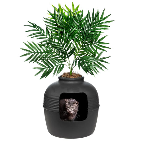 Good Pet Stuff Hidden Cat Litter Box Enclosure with Artificial Plant, Decorative Round Planter, Vented Carbon Charcoal Filter for Odor Control, Easy-to-Clean, Made in USA, Base Kit, Black Good Pet Stuff