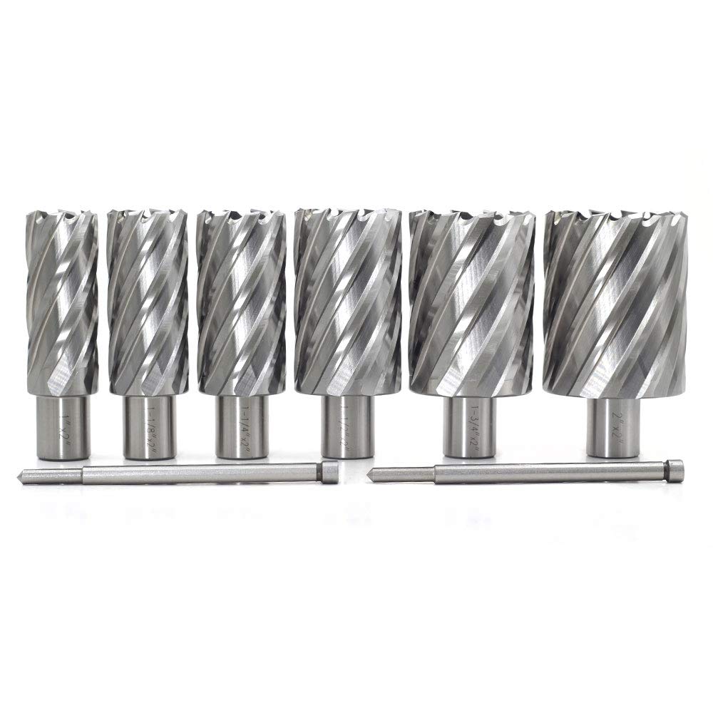 Annular Cutter Set 6pcs JESTUOUS 3/4 Inch Weldon Shank 2 Inches Cutting Depth 1 to 2 Cutting Diameter Two Flat HSS Slugger Bits for Drill Press with 2 Pilot Pins JESTUOUS