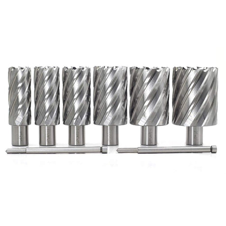 Annular Cutter Set 6pcs JESTUOUS 3/4 Inch Weldon Shank 2 Inches Cutting Depth 1 to 2 Cutting Diameter Two Flat HSS Slugger Bits for Drill Press with 2 Pilot Pins JESTUOUS