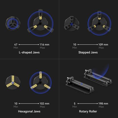 SCULPFUN RA Pro Max Laser Rotary Roller, 4 in 1 Multi-Function Chuck Rotary with Riser, 180° Adjustable Chuck with 3 Jaws for Engraving Rings, Spherical, Cylindrical Objects, Irregular Items - WoodArtSupply