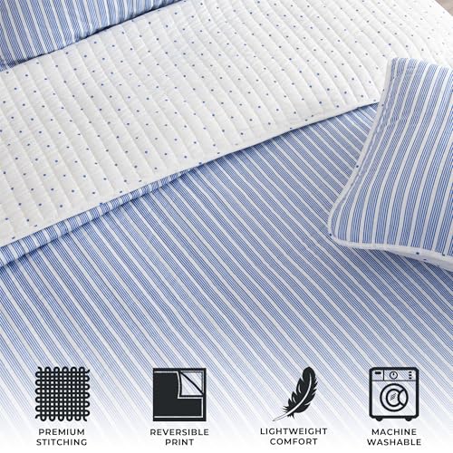 Great Bay Home 3-Piece King Reversible Lightweight Quilt Comforter with 2 Shams | All-Season, Modern, Striped Bedspreads | Blue Striped Coverlet Sets | Marcie Quilts Collection Great Bay Home