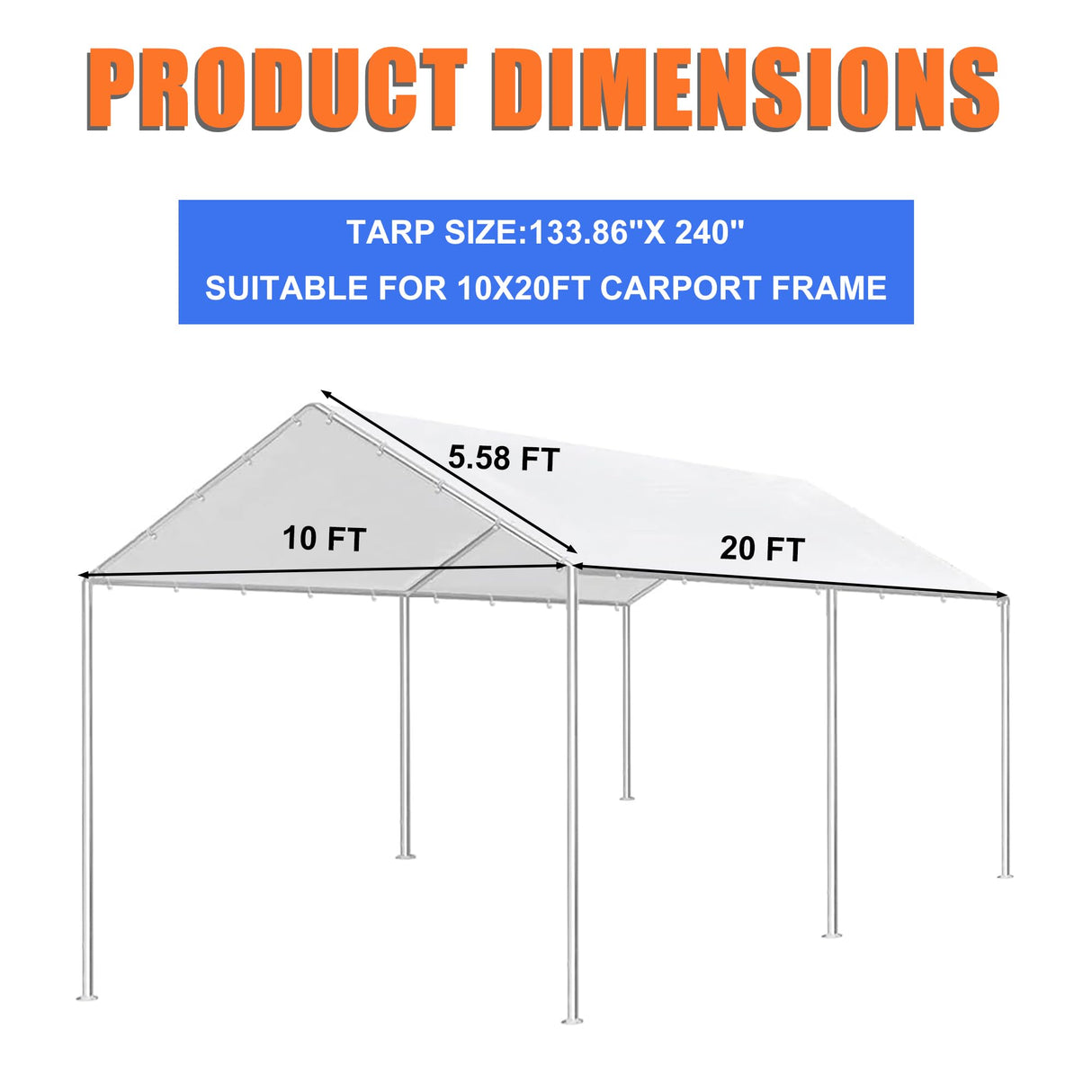 10 x 20 Ft Carport Replacement Canopy Cover, Heavy Duty Top Cover for Car Garage, Tear-Proof, Anti-UV & Waterproof Party Tent Shelter Tarp with 42 Ball Bungees (Only Cover, Frame Not Include) White QiaFantm