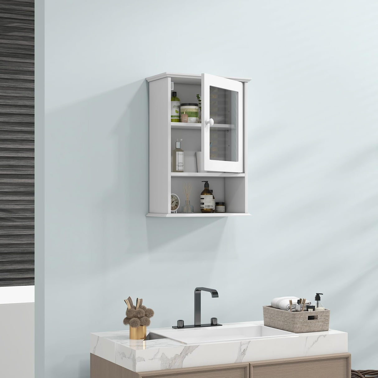 Tangkula Bathroom Cabinet, Wall Mounted Storage Organizer W/Door and Open Shelf, Hanging Medicine Cabinet, White Tangkula