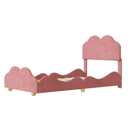 Kids Twin Platform Bed with Cloud Shaped Headboard and Footboard, Velvet Upholstered Twin Size Bed Frame with Wooden Slats Support for Bedroom, No Box-Spring Needed, Dark Pink