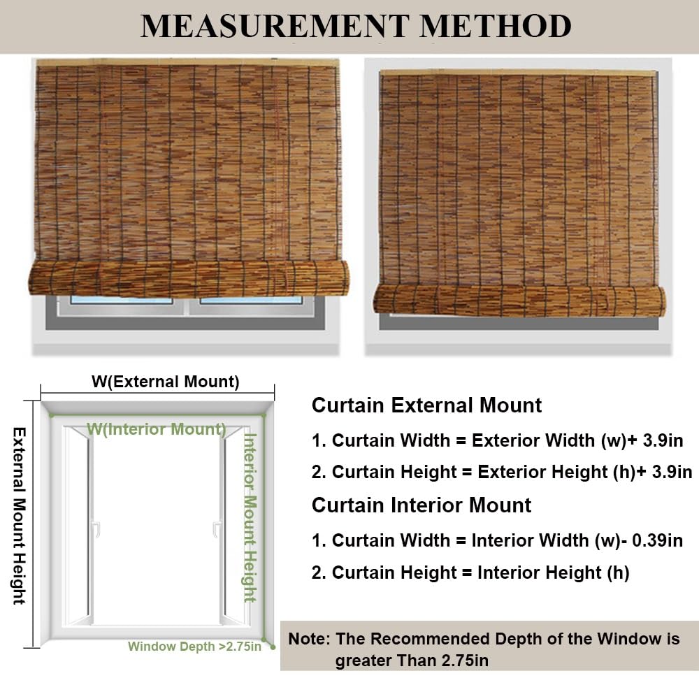 Blackout Bamboo Roller Shades for Indoor/Outdoor Patio Privacy,Natural Bamboo Roll Up Blinds Wide 22" 24" 33" 36" 40" 42" 48" 53" 59" 60" 66" 72" 73" Cordless Sunshades Window Shades WoodArtSupply
