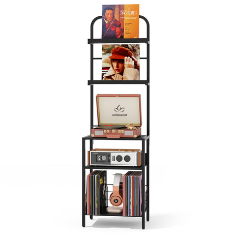 Homsorout Record Player Stand with Vinyl Storage - 5-Tier Turntable Table with Adjustable Feet, Metal & Wood Cabinet - Console Organizer Display Shelf for Living Room, Apartment Homsorout