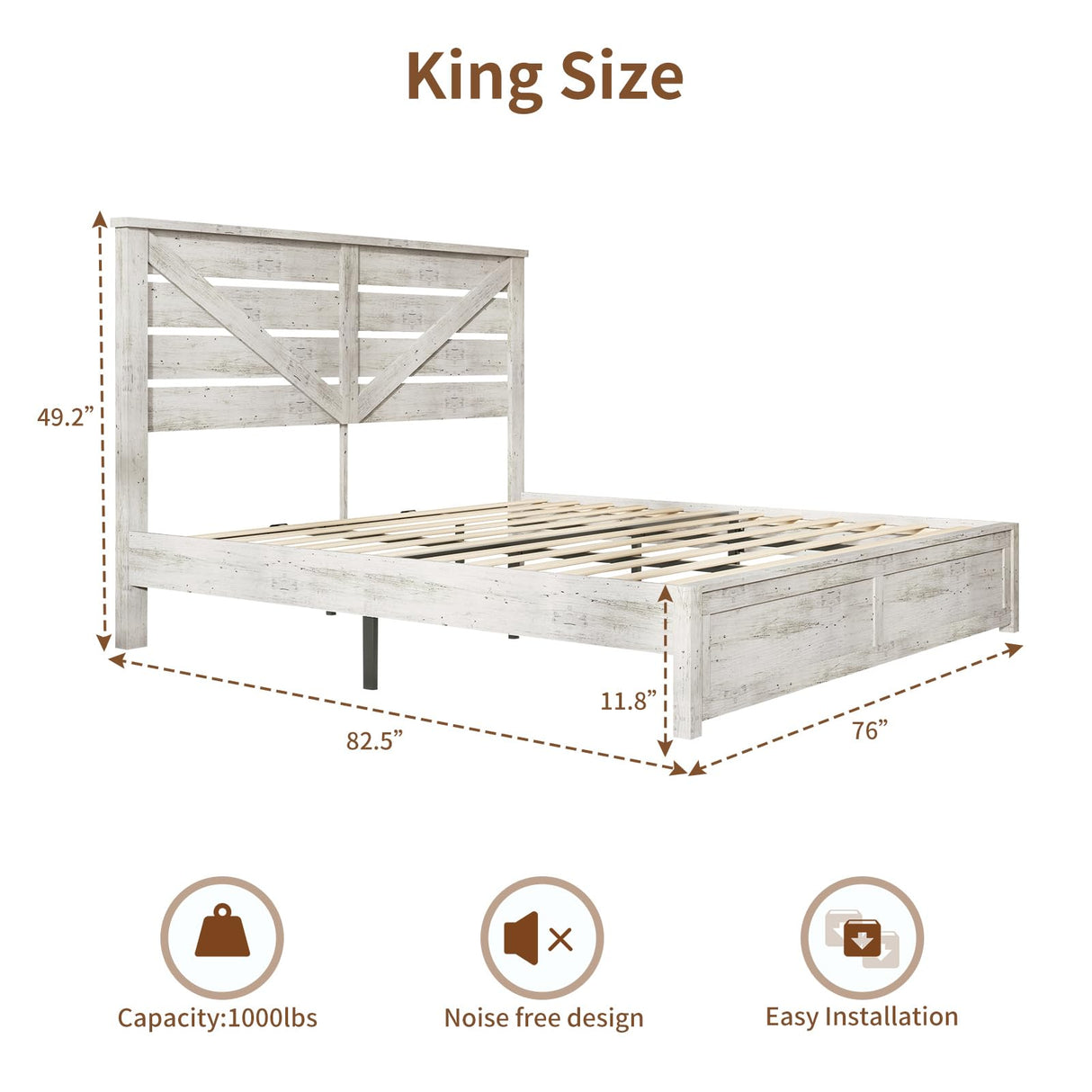 LUXOAK King Size Farmhouse Wooden Bed Frame, Platform Bed Frame with 49.2" Headboard/Noisy Free/No Box Spring Needed/Easy Assembly/Distressed White LUXOAK