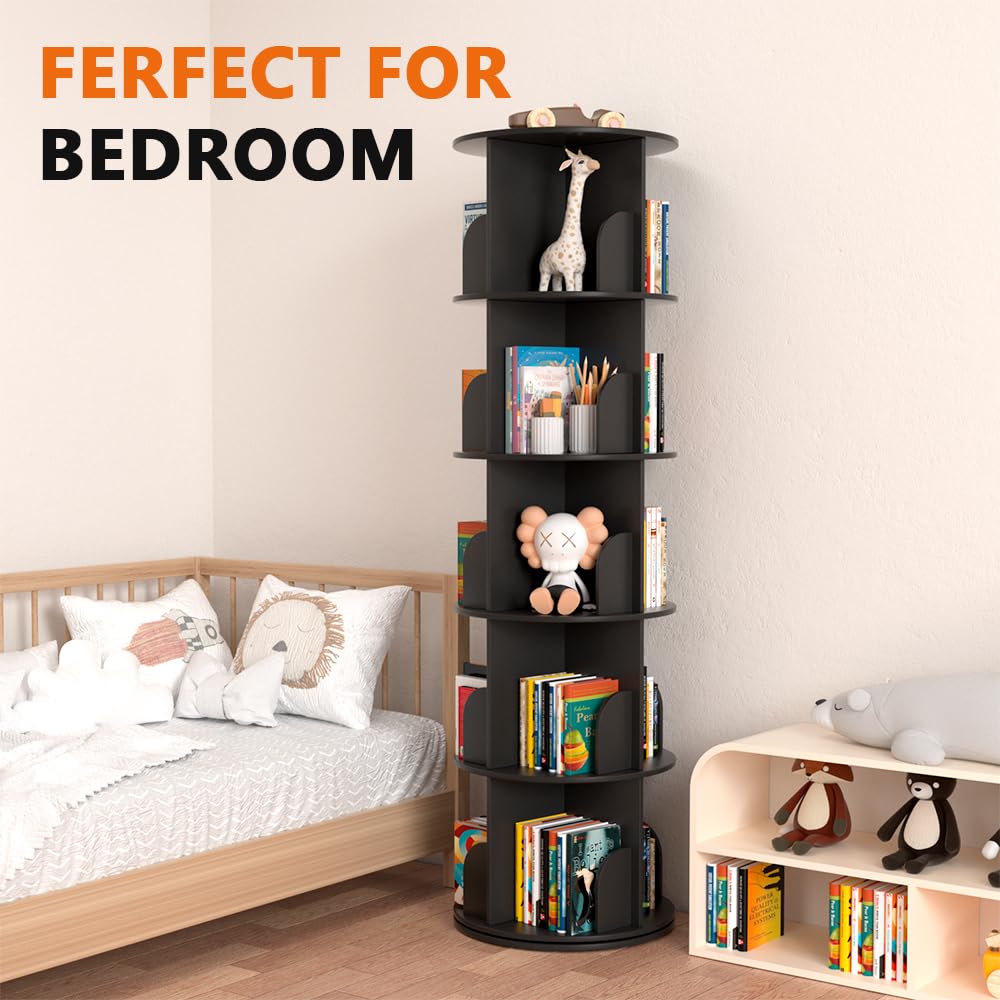 Nidouillet Rotating Bookshelf Tower, 5 Tier Spinning Bookcase Lazy Susan, Revolving 360 Book Shelf Storage Round Organizer, Vertical Rotate Turning Corner Book Case for Small Space, Black Nidouillet