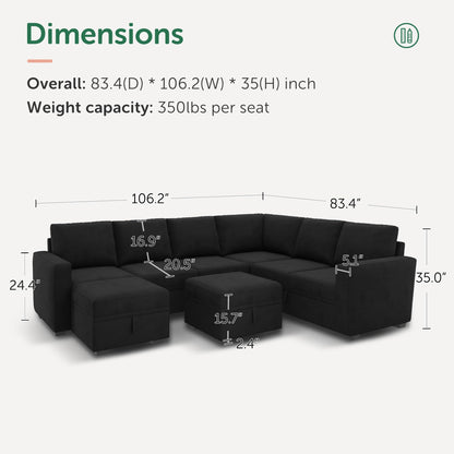 HONBAY Modular Sectional Couch with Storage, Velvet U-Shaped Sectional Sofa with Storage Ottoman Convertible U-Shaped Sofa for Living Room, Black