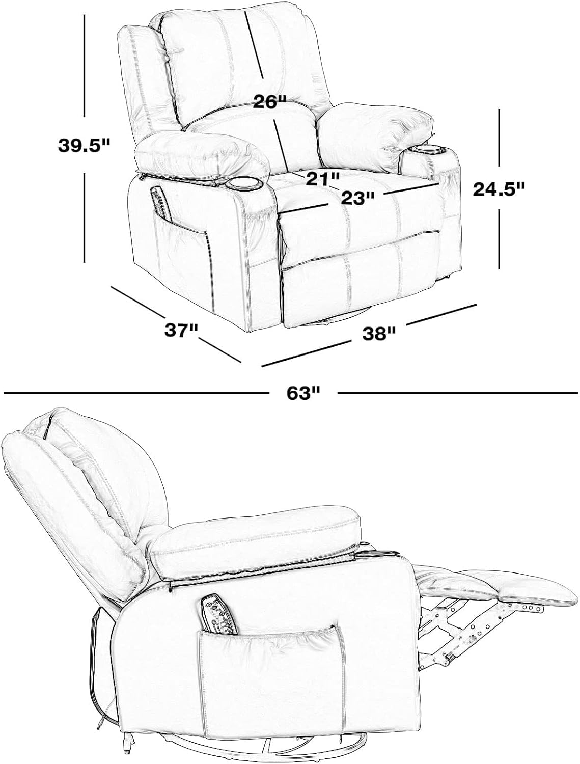 Rocker Recliner Chairs with Massage and Heat, Overstuffed Leather Swivel Recliner Chairs for Adults, Manual Rocking Single Sofa Lounge Chair Recliners with Cup Holders for Living Room,Men,Women,Brown KCREAM