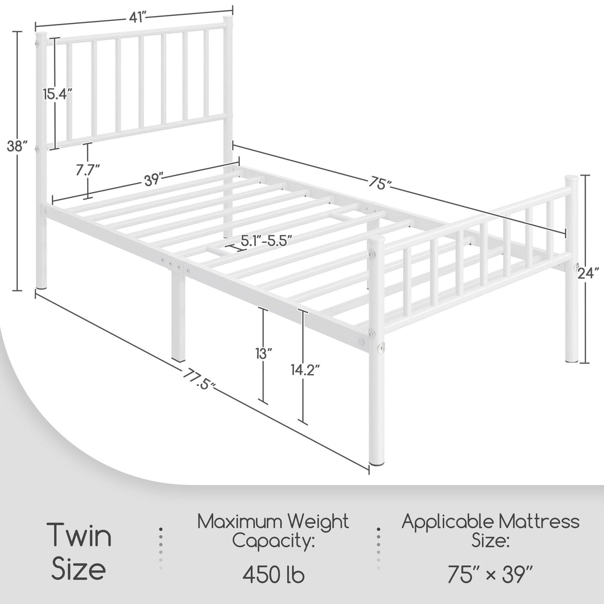 Yaheetech Twin Size Bed Frame Metal Platform Mattress Foundation with Spindle Headboard & Footboard/No Box Spring Needed/14 Inch Underbed Storage/Firm Support Easy Set up Structure, White Yaheetech