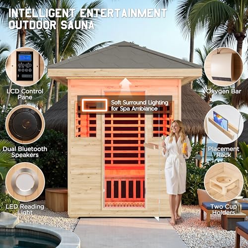 Albott Outdoor Sauna 3 Person, Infrared Saunas for Home, Low EMF 2645W/240V/15A Spruce Wood Dry Sauna with Tourmaline Stone Foot Warmer, 7-Color Light Therapy & 2 Bluetooth Speakers, 60.2"x43.3"x98.4" Albott