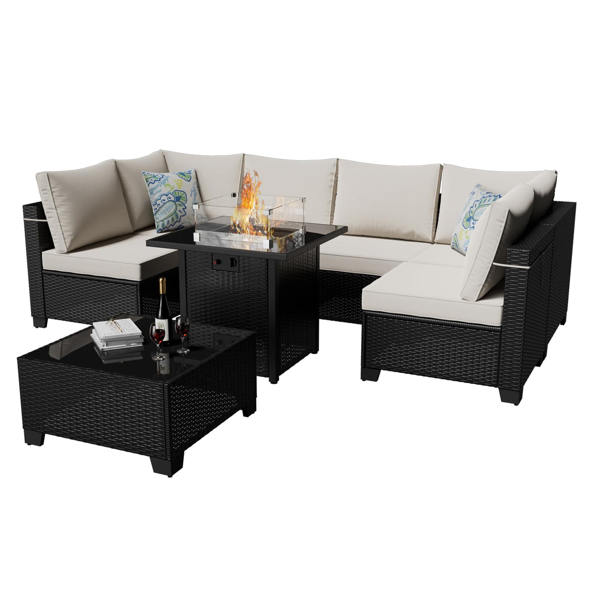 Ophelian 8 Pieces Outdoor Sectional Furniture, Rattan Wicker Patio Sofa Couch with 28in Gas Fire Pit Table,Conversation Sets for Backyard,Garden, Deck, (Coffee/Beige) Ophelian