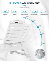 Lounge Chair Outdoor, Oversized Chaise Lounge Chair with 5 Positions, HDPE, Patio Lounge Chair with Wheels & Cup Holder for Pool, Deck, Poolside, White Ciokea