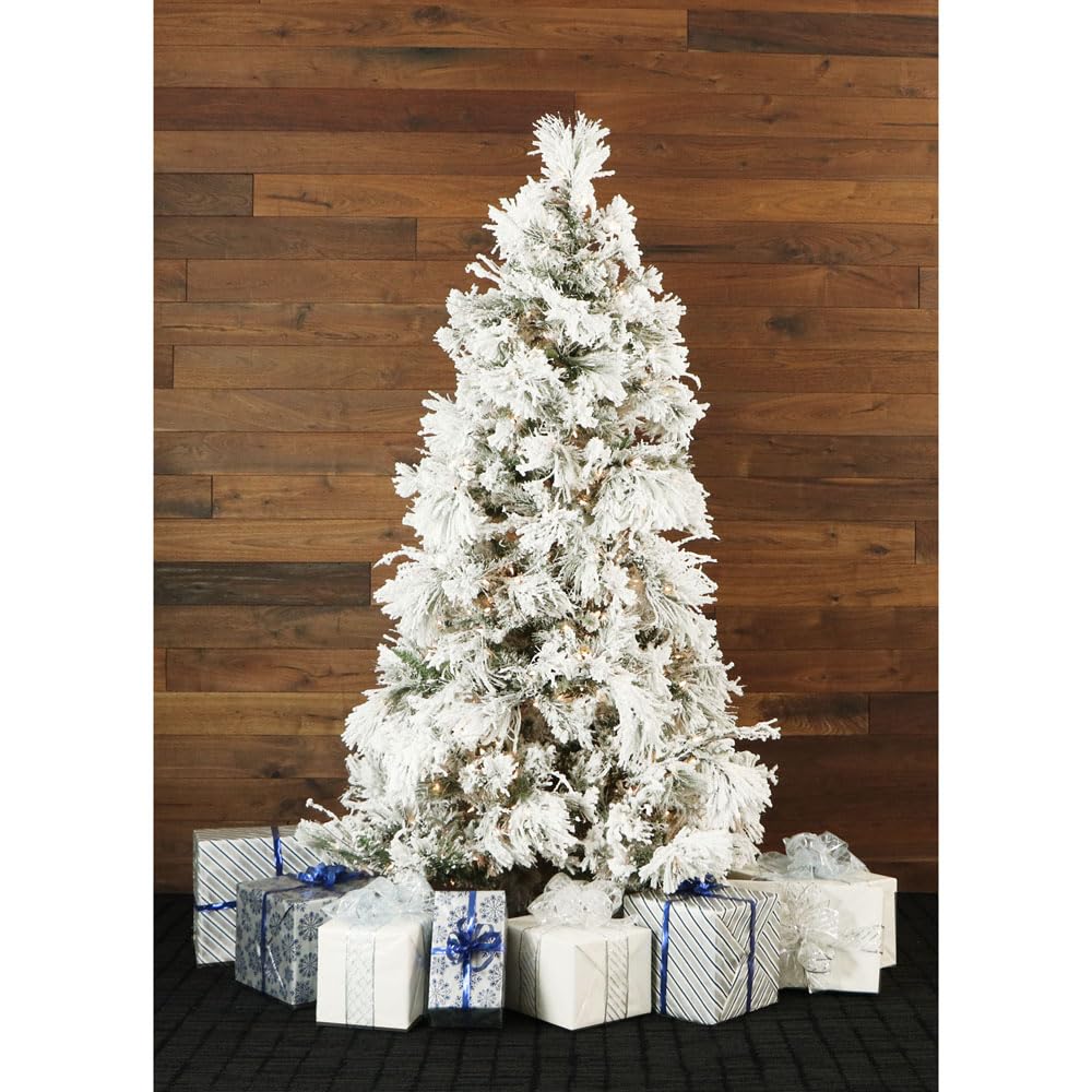 Fraser Hill Farm Snowy Flocked Pine Christmas Tree, 10 Feet Tall, Modern Tree Includes White Incandescent Smart Lights, Artificial Tree Perfect for Indoor Christmas Décor