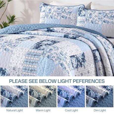 Anibedding Blue Patchwork Quilt Set King Size Boho Floral Plaid Bedspread Coverlet Set, Farmhouse Soft Microfiber Bedding Set, Blue Summer Bed Cover with 2 Pillowcases for All Season Anibedding