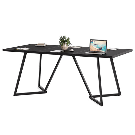 LITTLE TREE 70.86-Inch Conference Table for 8, Black Conference Room Table with Metal Base, Modern 5.9 ft Rectangular Table for Boardroom, Meeting, Conference Room LITTLE TREE