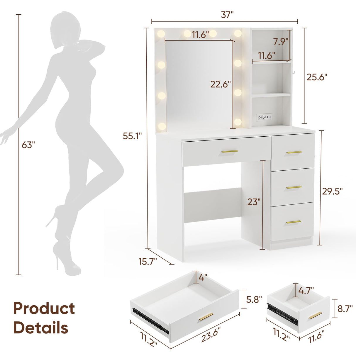 OTDMEL 37" W Makeup Vanity Desk,Vanity Desk with LED Lighted Mirror & Power Outlet,Makeup Table with 4 Drawers,3 Color Modes & Adjustable Brightness Dressing Table for Bedroom, White OTDMEL