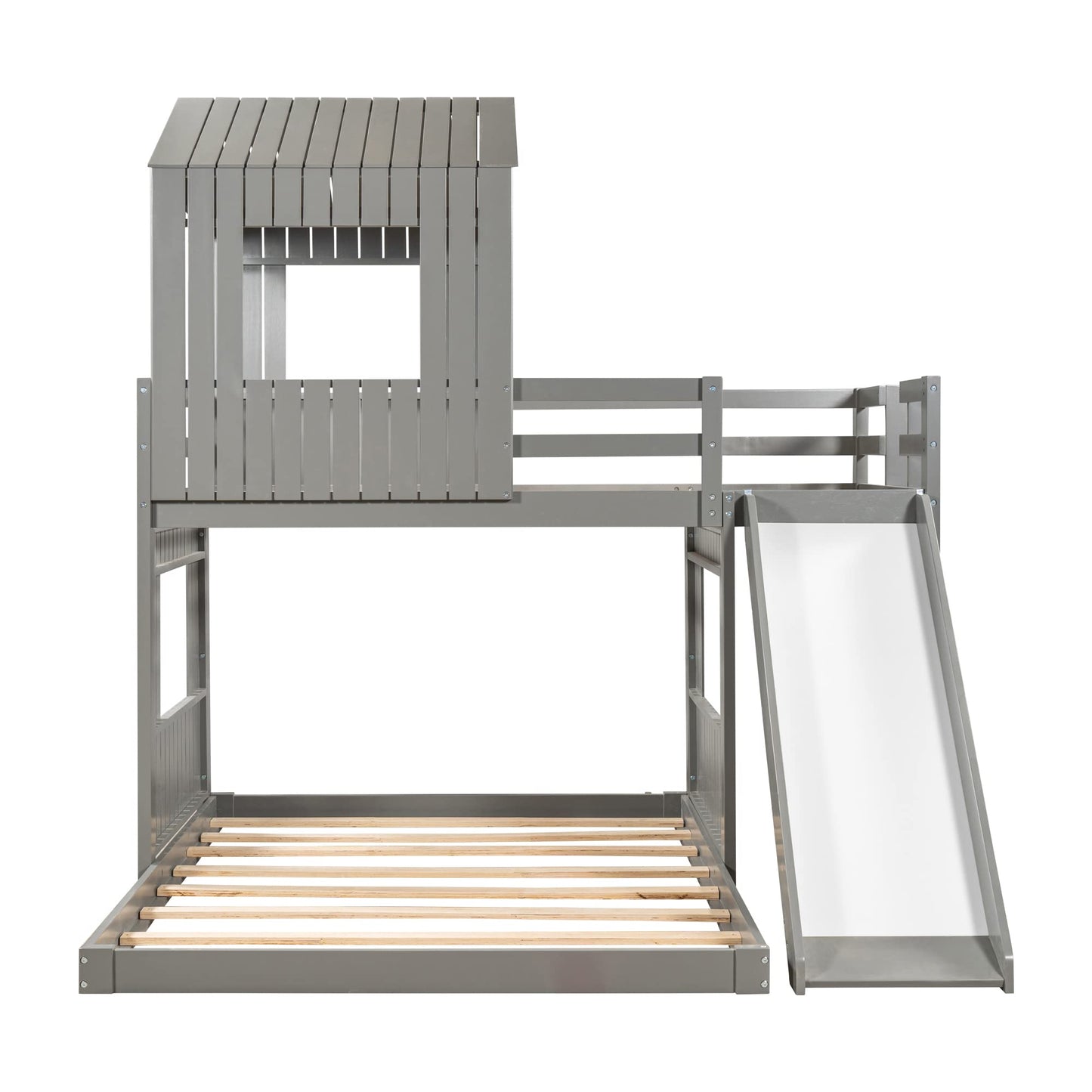 Harper & Bright Designs Grey Twin Over Full House Bunk Bed with Slide, Ladder, and Guardrails - WoodArtSupply