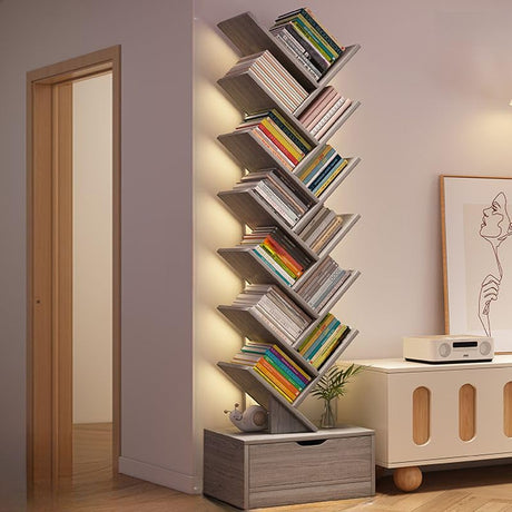 CraftThink Tree Bookshelf, 12 Tier Bookcase with Storage Cabinet, Floor Standing Book Shelf Tall Bookshelves for Home Office Furniture -Grey |Drawer|, 13.5" L x 8" W x 62" H (Lighting Not Included) CraftThink