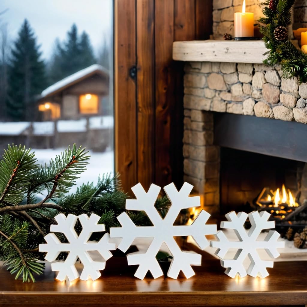 3pc Wood Snowflakes Christmas Decorations, Standing White Wooden Snowflakes Ornaments Winter Wonderland Decor, WellPainted Christmas Table Decor,Sturdy Large Snowflake Decor for Home Kitchen Fireplace