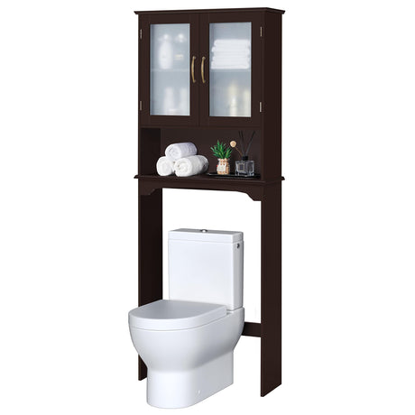 Yaheetech Over The Toilet Storage Cabinet, Free Standing Toilet Rack with Adjustable Shelves and Tempered Glass Doors for Bathroom Washroom, Espresso Yaheetech