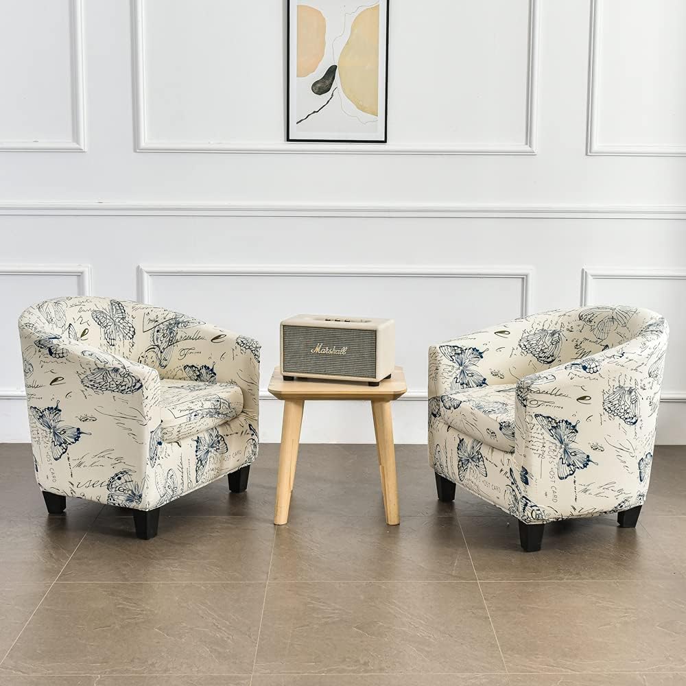 CRFATOP 2 Piece Club Chair Slipcover Printed Tub Chair Slipcover Armchair Soft Printed Round Barrel Chair Covers with Elastic Bottom for Bar Counter Living Room, Butterfly CRFATOP
