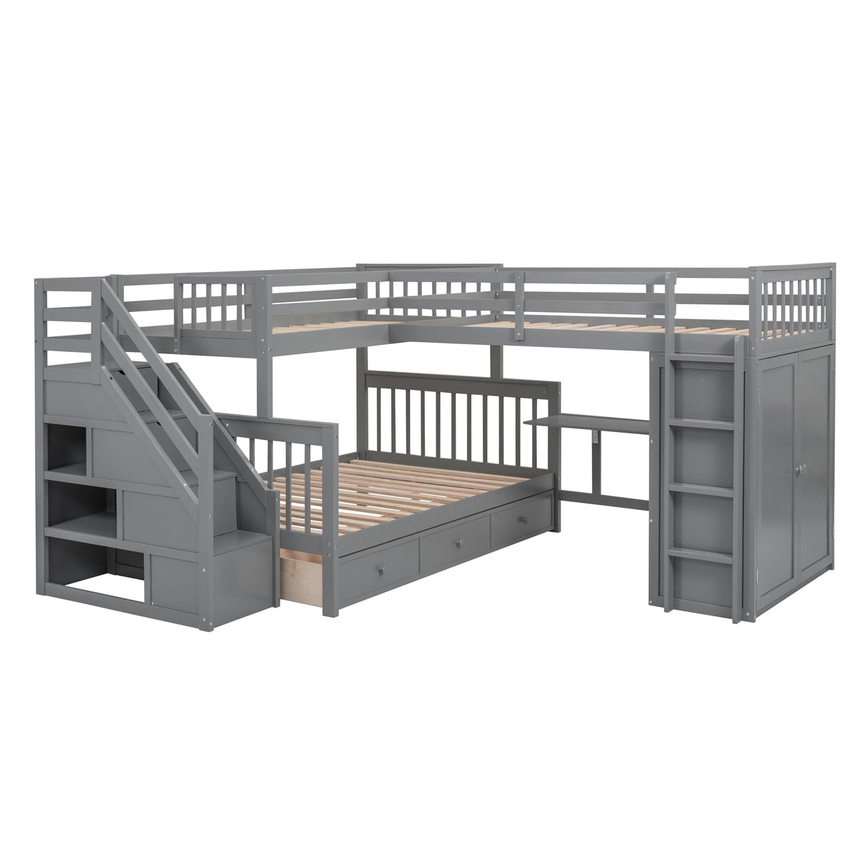 SOFTSEA Twin Over Twin Over Full Bunk Bed with Desk, 3 Storage Drawers and Wardrobe, L Shaped Triple Bunk Beds with Staircase, Wood Bunk Bed Frame with Guardrails and Ladder, 3 Beds in 1, Gray SOFTSEA