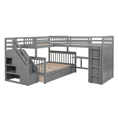 SOFTSEA Twin Over Twin Over Full Bunk Bed with Desk, 3 Storage Drawers and Wardrobe, L Shaped Triple Bunk Beds with Staircase, Wood Bunk Bed Frame with Guardrails and Ladder, 3 Beds in 1, Gray