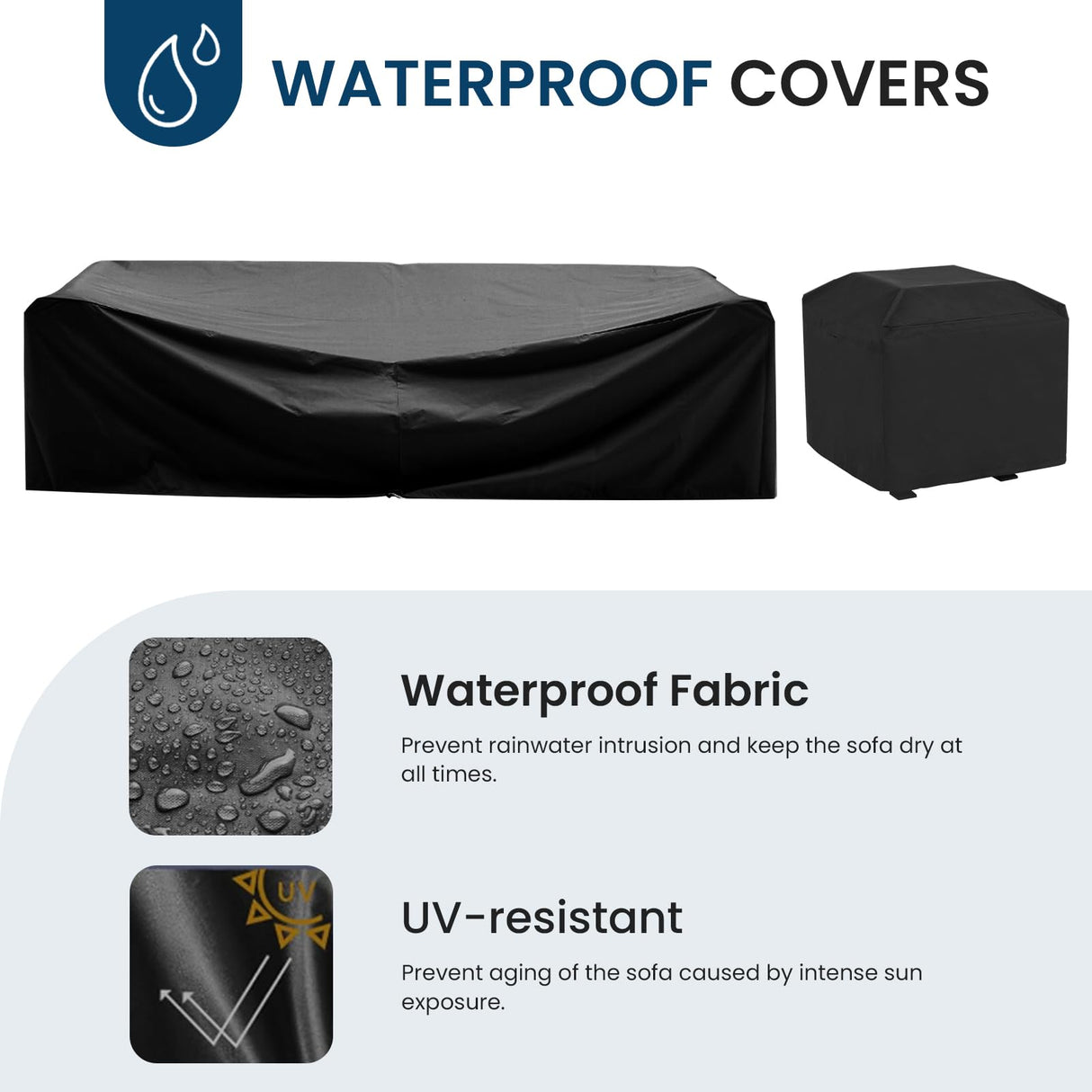 Amopatio 8 Pieces Patio Furniture Set with 44" Fire Pit Table, Outdoor Sectional Furniture Rattan Conversation Sofa, Patio Couch with Glass Coffee Table, 2 Waterproof Covers (Navy Blue) Amopatio