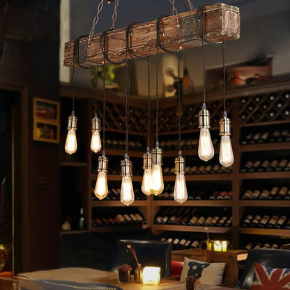 Rustic Chandelier Farmhouse Wood Beam Hanging Industrial Pendant Lighting Vintage Ceiling Light Fixture 10 Heads for Dining Table Kitchen Island Bar Coffee Billiard Pool Table (10 Lights) - WoodArtSupply