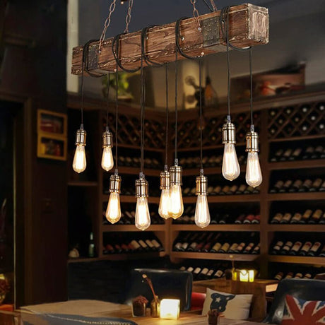Rustic Chandelier Farmhouse Wood Beam Hanging Industrial Pendant Lighting Vintage Ceiling Light Fixture 10 Heads for Dining Table Kitchen Island Bar Coffee Billiard Pool Table (10 Lights) iMeshbean