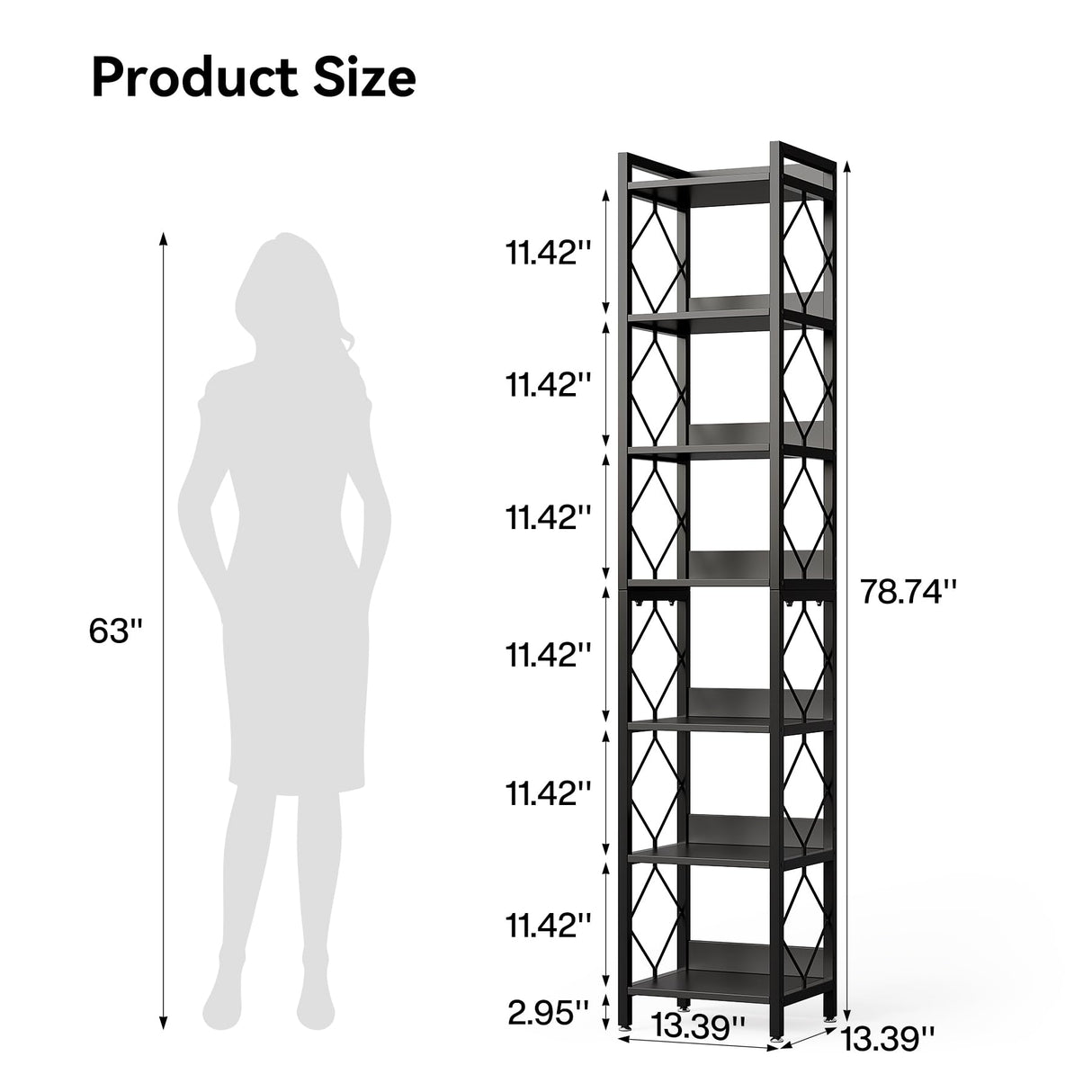 LITTLE TREE Corner Book Shelf, 7-Tier Tall Bookcase, 78" Display Shelves with Sturdy Metal Frame for Living Room, Modern Narrow Standing Bookshelves, Black Office Shelf for Small Spaces, Bedroom LITTLE TREE