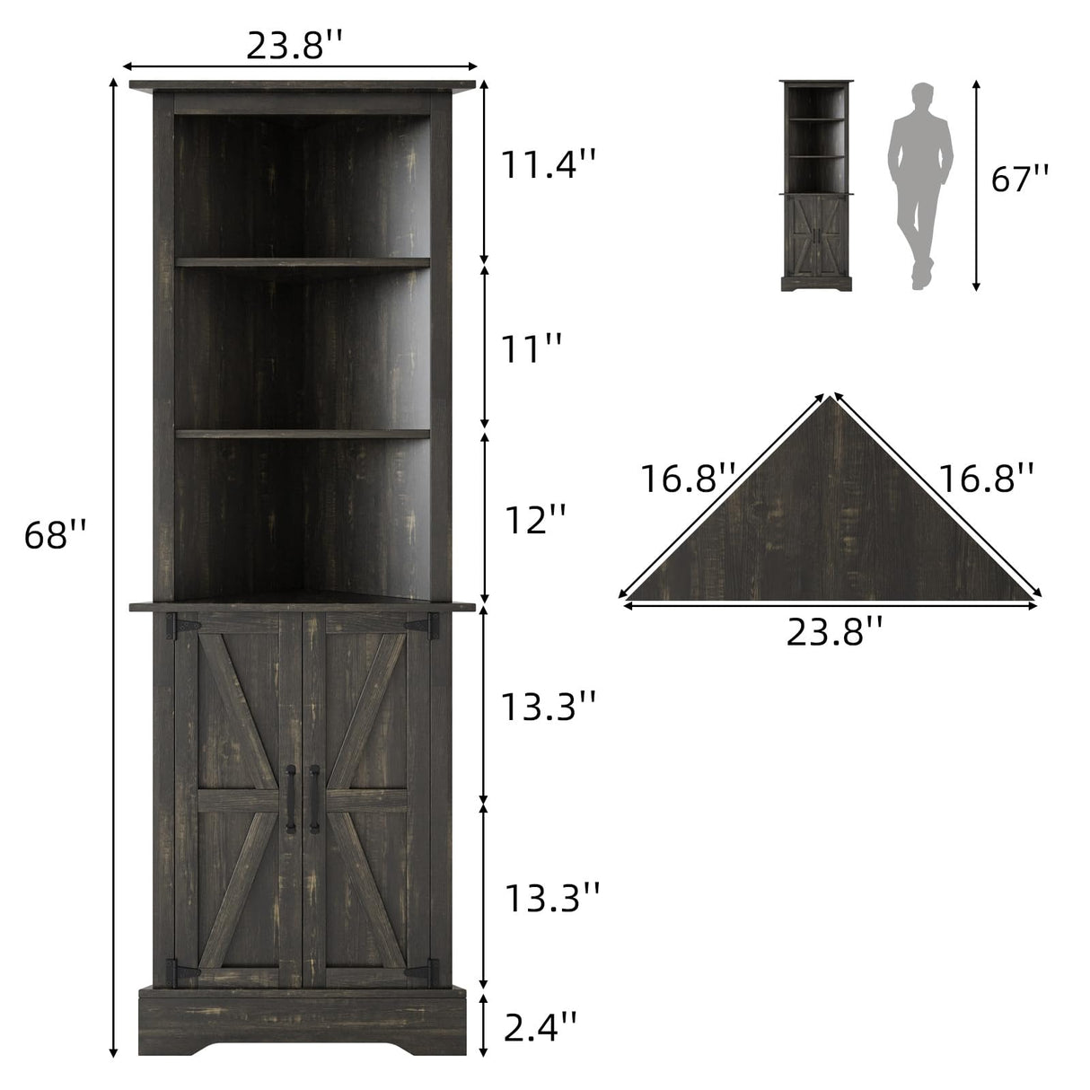 4 EVER WINNER Tall Corner Cabinet with Barn Doors, 5-Tier Farmhouse Storage Cabinet with Adjustable Shelves for Corner, Home Space Saver for Living Room, Bathroom, Hallway, Rustic Oak 4 EVER WINNER