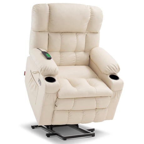 MCombo Dual Motor Power Lift Recliner Chair for Elderly, Infinite Position Lay Flat Lift Chair with Heat and Massage for Seniors, Cup Holders, Faux Leather 7890 (Cream White, Medium-Regular) MCombo
