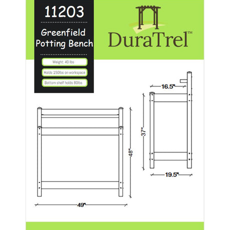 DuraTrel Greenfield PVC Vinyl Indoor Outdoor Table Potting Bench Station with Shelf for Plant Accessories & Gardening Supplies Storage, White DuraTrel