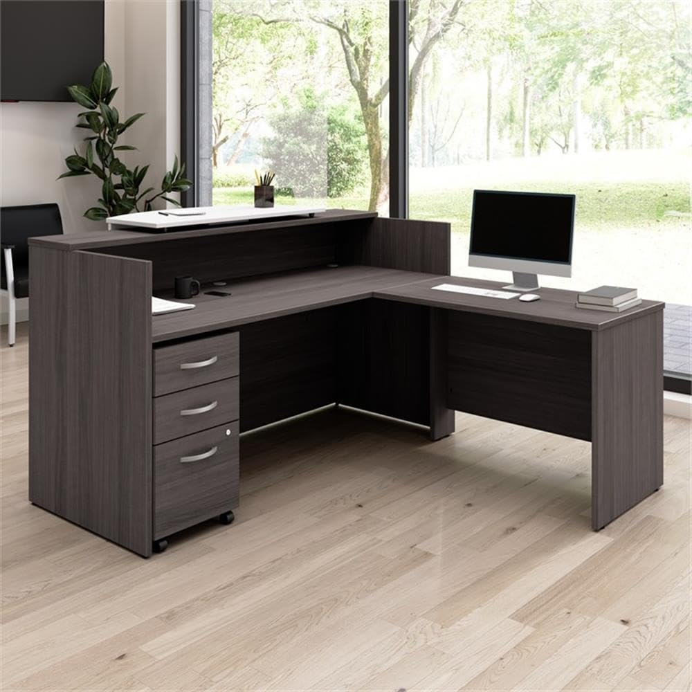 Bush Business Furniture Arrive 72W x 72D L Shaped Reception Desk with Counter and Mobile File Cabinet in Storm Gray Bush Furniture